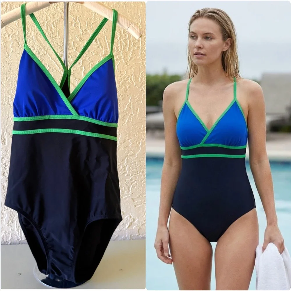 Catalina One Piece‎ Swimsuit L Black Blue Green Colorblock Strappy